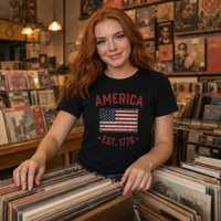 Load image into Gallery viewer, America Est. 1776 Unisex Tee – Red Text – lifestyle photo 2