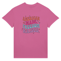 Load image into Gallery viewer, American Made. Freedom Raised. Unisex Tee in Pink – product photo
