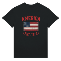 Load image into Gallery viewer, America Est. 1776 Unisex Tee – Red Text in Black – product photo