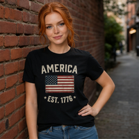 Load image into Gallery viewer, America Est. 1776 Unisex Tee – White Text – lifestyle photo 6