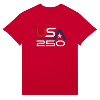 Load image into Gallery viewer, USA 250 Retro Logo Unisex Tee in Red – product photo