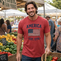 Load image into Gallery viewer, America Est. 1776 Unisex Tee – Blue Text – lifestyle photo 3