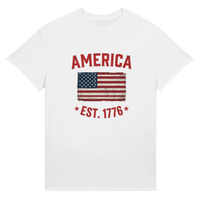 Load image into Gallery viewer, America Est. 1776 Unisex Tee – Red Text in White – product photo