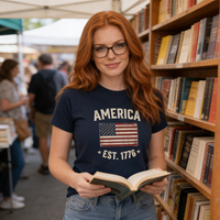 Load image into Gallery viewer, America Est. 1776 Unisex Tee – White Text – lifestyle photo