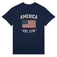 Load image into Gallery viewer, America Est. 1776 Unisex Tee – White Text in Navy – product photo