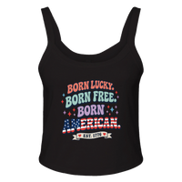 Load image into Gallery viewer, Born Lucky. Born Free. Born American. Women's Tank in Black – product photo