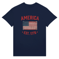 Load image into Gallery viewer, America Est. 1776 Unisex Tee – Red Text in Navy – product photo