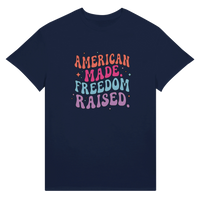 Load image into Gallery viewer, American Made. Freedom Raised. Unisex Tee in Navy – product photo