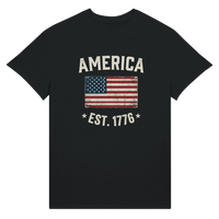 Load image into Gallery viewer, America Est. 1776 Unisex Tee – White Text in Black – product photo