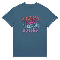 Load image into Gallery viewer, American Made. Freedom Raised. Unisex Tee in Indigo Blue – product photo