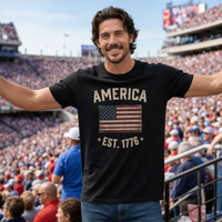 Load image into Gallery viewer, America Est. 1776 Unisex Tee – White Text – lifestyle photo 5