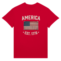 Load image into Gallery viewer, America Est. 1776 Unisex Tee – White Text in Red – product photo