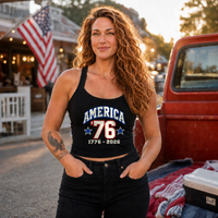 Load image into Gallery viewer, America '76 women's tank in black by a red pickup truck