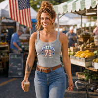 Load image into Gallery viewer, America '76 women's tank in heather gray at a farmers market