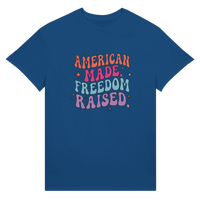 Load image into Gallery viewer, American Made. Freedom Raised. Unisex Tee in Royal Blue – product photo