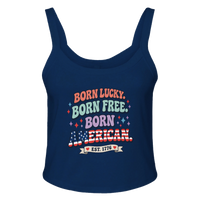 Load image into Gallery viewer, Born Lucky. Born Free. Born American. Women's Tank in Navy – product photo