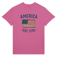Load image into Gallery viewer, America Est. 1776 Unisex Tee – Blue Text in Pink – product photo