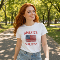 Load image into Gallery viewer, America Est. 1776 Unisex Tee – Red Text – lifestyle photo 6