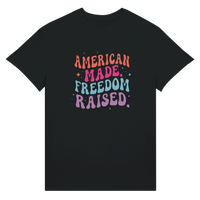 Load image into Gallery viewer, American Made. Freedom Raised. Unisex Tee in Black – product photo