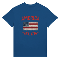 Load image into Gallery viewer, America Est. 1776 Unisex Tee – Red Text in Royal Blue – product photo