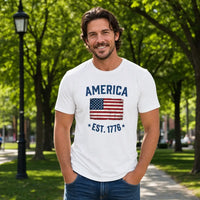 Load image into Gallery viewer, America Est. 1776 Unisex Tee – Blue Text – lifestyle photo