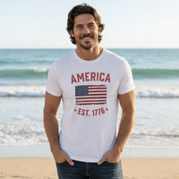 Load image into Gallery viewer, America Est. 1776 Unisex Tee – Red Text – lifestyle photo 4