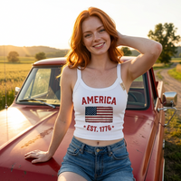 Load image into Gallery viewer, America Est. 1776 Women's Tank – Red Text – lifestyle photo 3