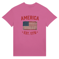 Load image into Gallery viewer, America Est. 1776 Unisex Tee – Red Text in Pink – product photo