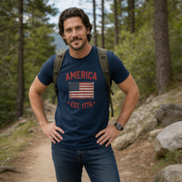 Load image into Gallery viewer, America Est. 1776 Unisex Tee – Red Text – lifestyle photo 3