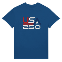 Load image into Gallery viewer, USA 250 Retro Logo Unisex Tee in Royal Blue – product photo
